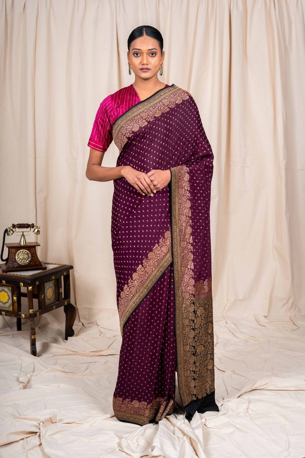 Wine Crepe Silk Handwoven Banarasee Saree