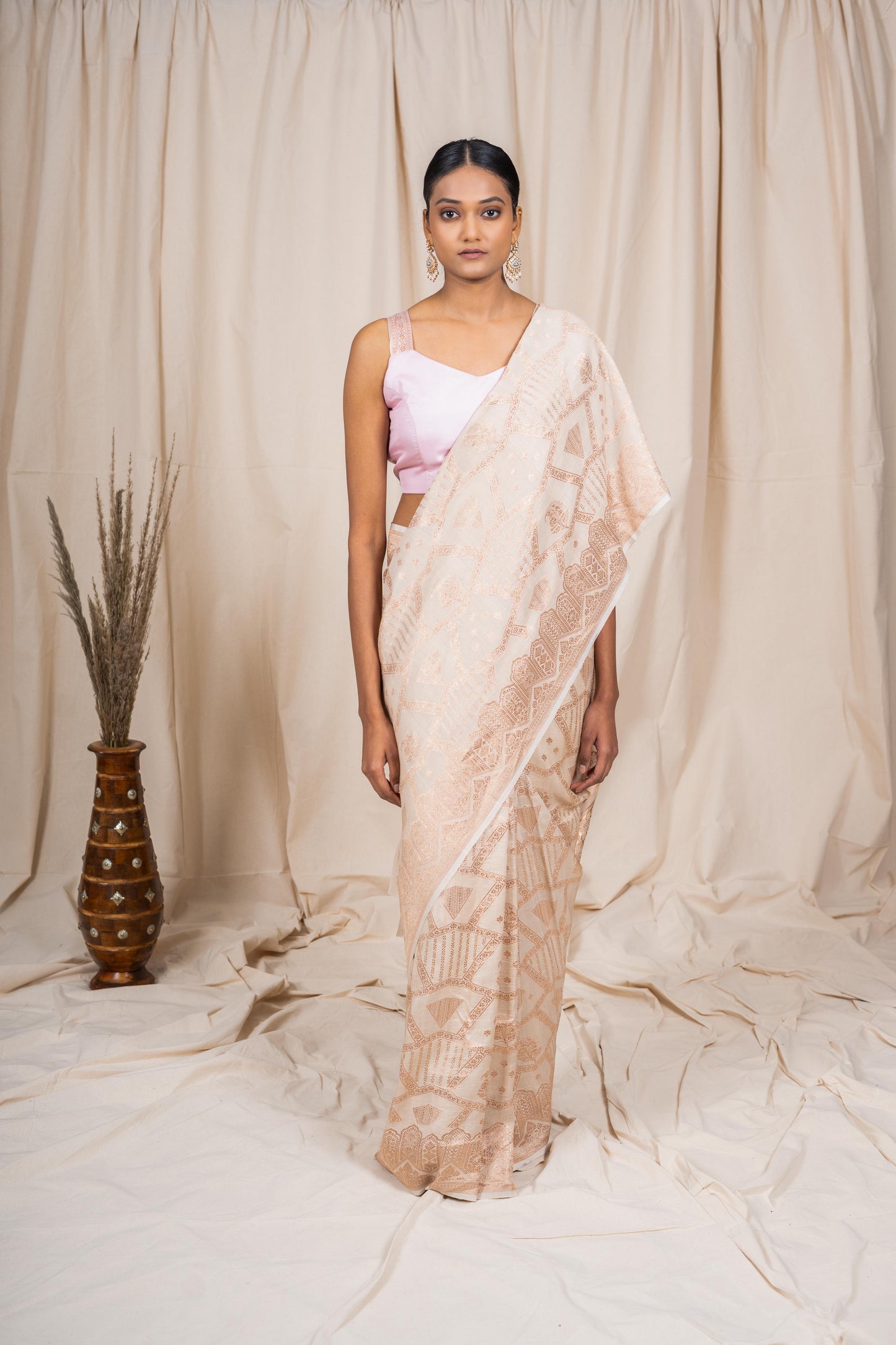 Cream Tussar georgette Banarasee Handwoven Saree