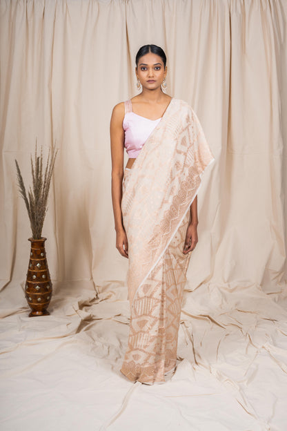 Cream Tussar georgette Banarasee Handwoven Saree