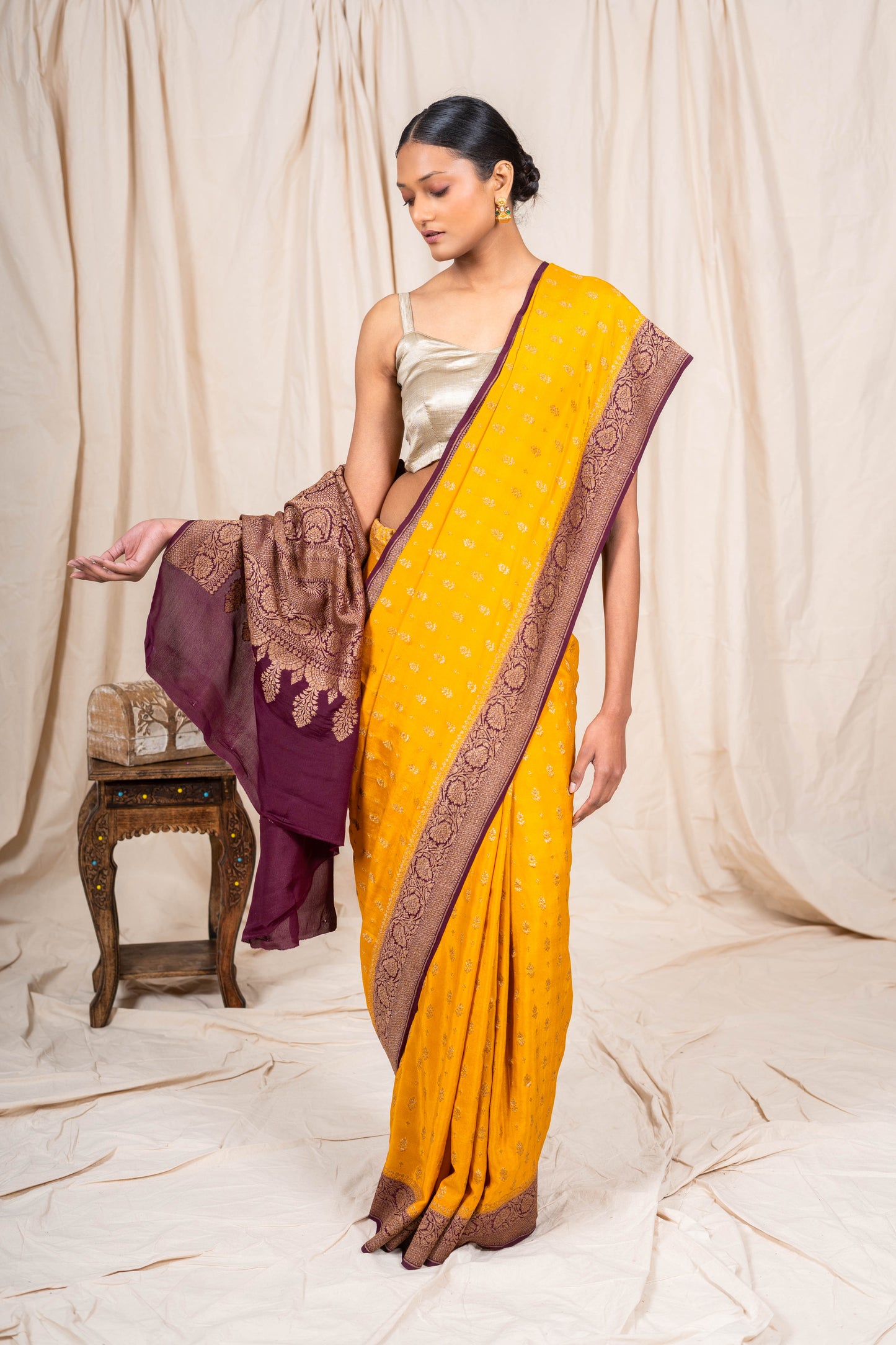 Mustard Gold Crepe Silk Banarasee Saree