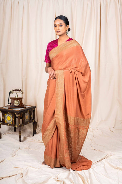 Dusky Peach Crepe Silk Handwoven Banarasee Saree