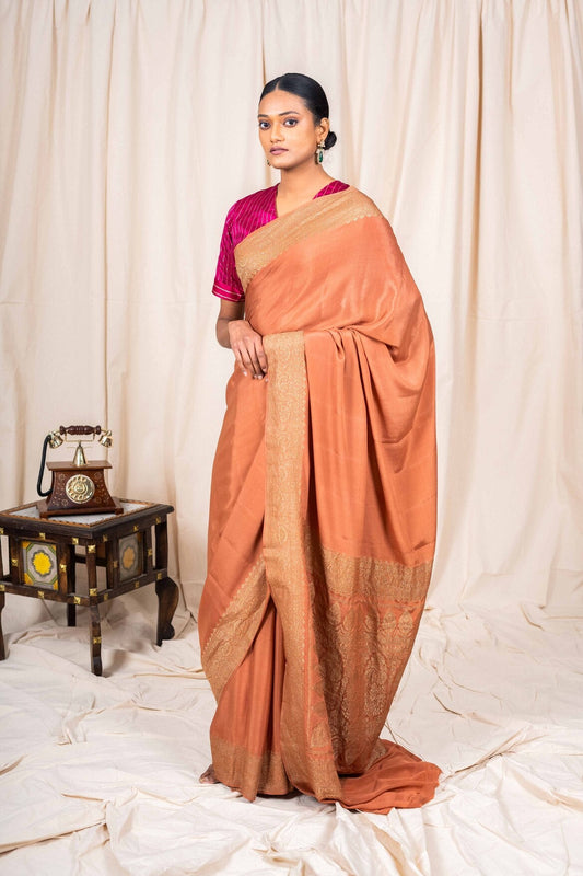 Dusky Peach Crepe Silk Handwoven Banarasee Saree