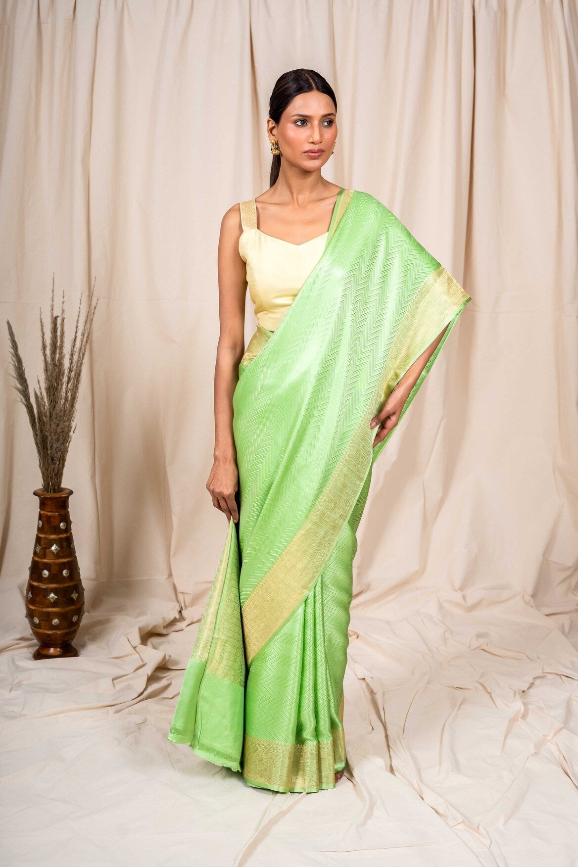 Pastel Green Mashru Satin Handwoven Banarasee Saree