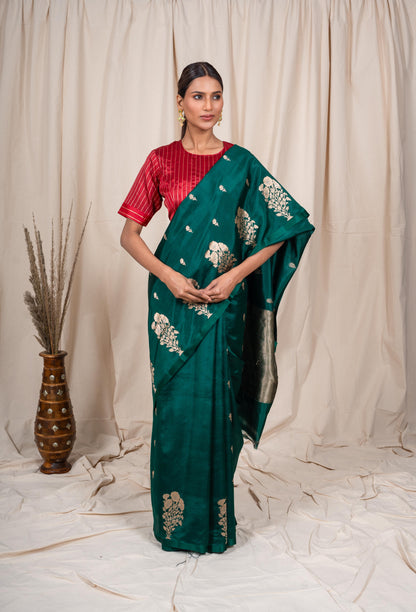 Bottle Green Soft Silk Handwoven Banarasi Saree