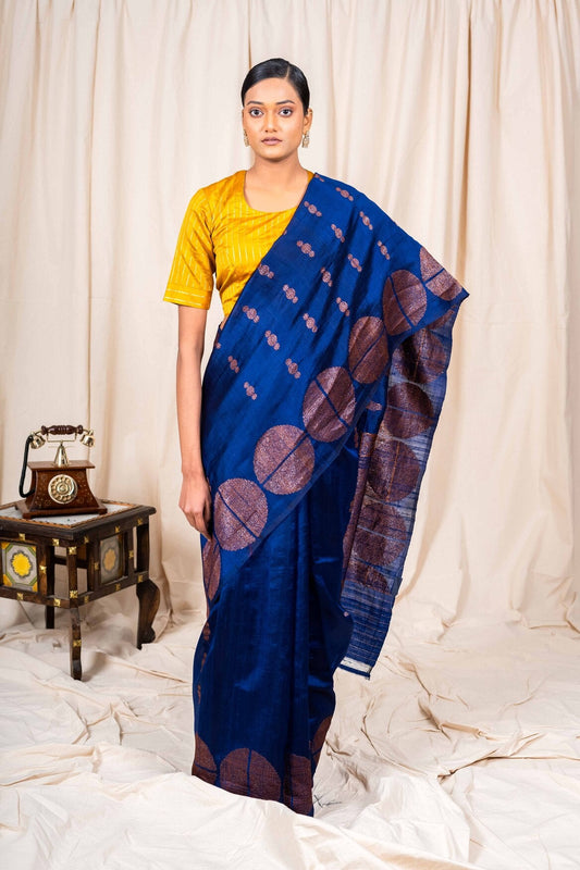 Navy Blue Tussar Silk Handwoven Banaras Saree