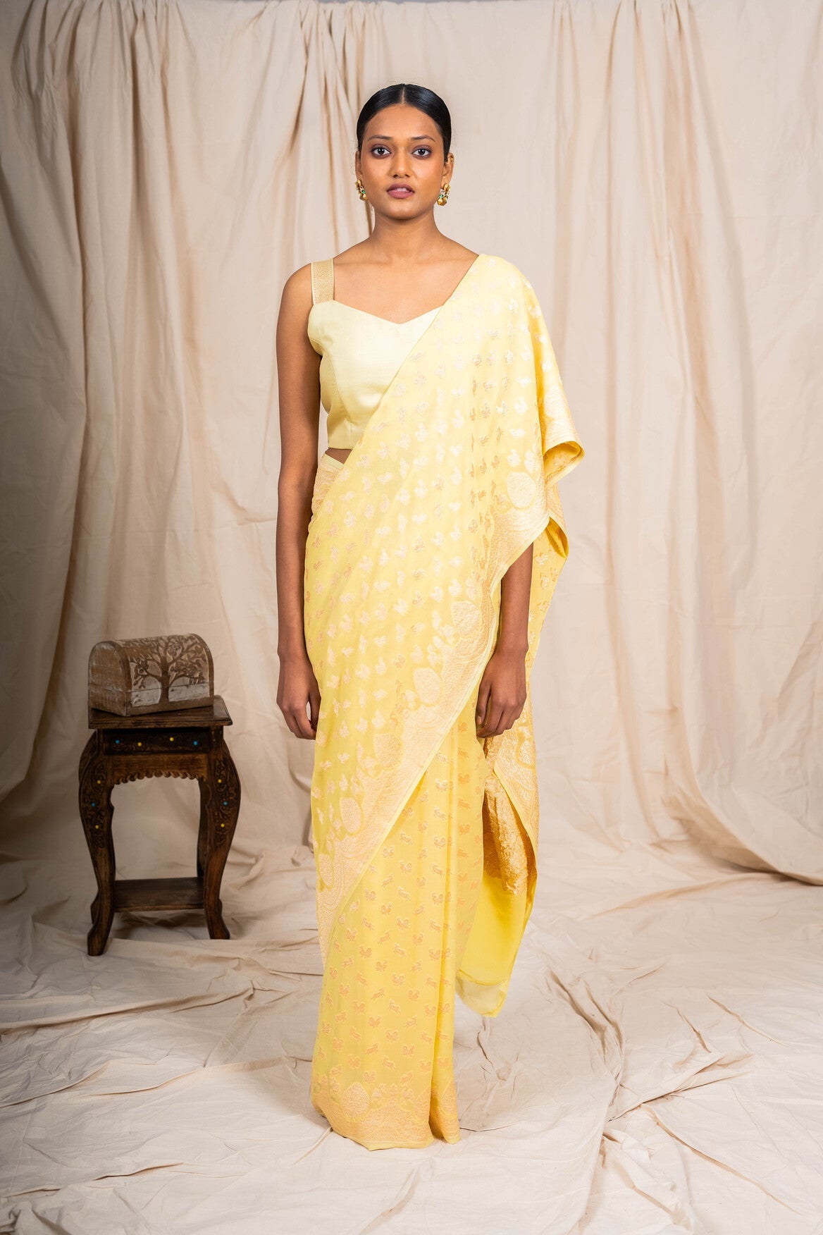 Handwoven pastel Yellow Khaddi Georgette Banarasi Saree