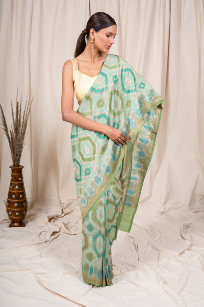 Pista Green Tussar Georgette Banarasee Handwoven Saree
