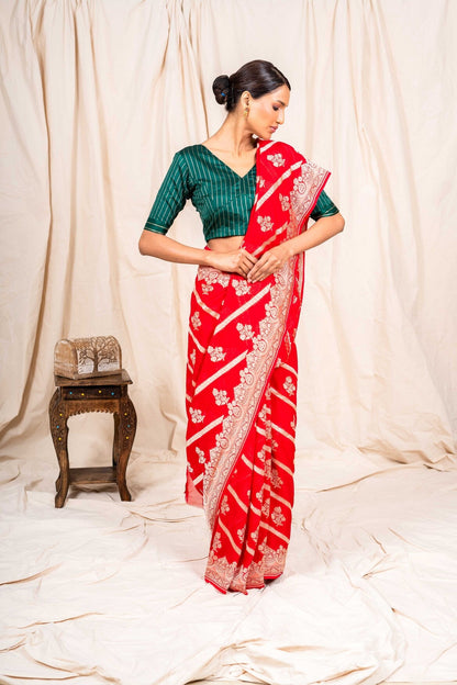 Red Khaddi Georgette Handwoven Banaras Saree