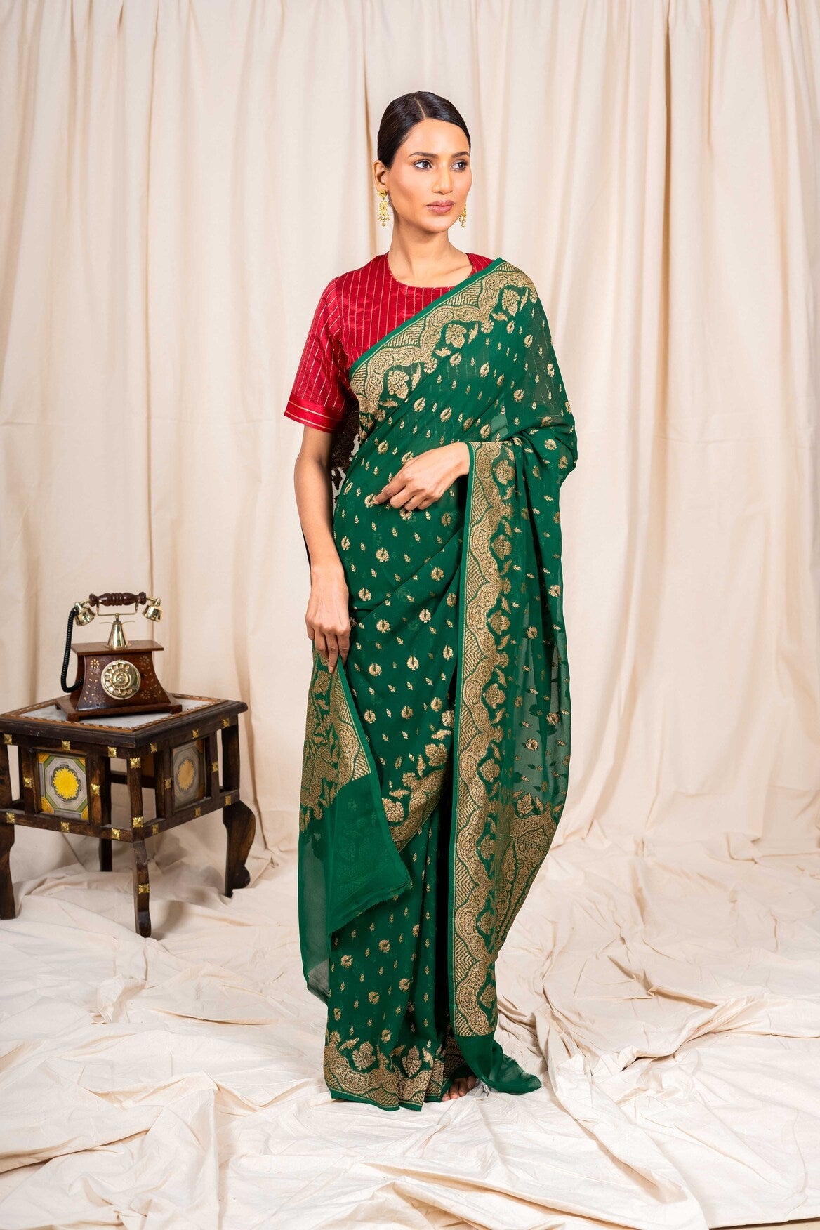 Bottle Green Khaddi Georgette Handwoven Banaras Saree
