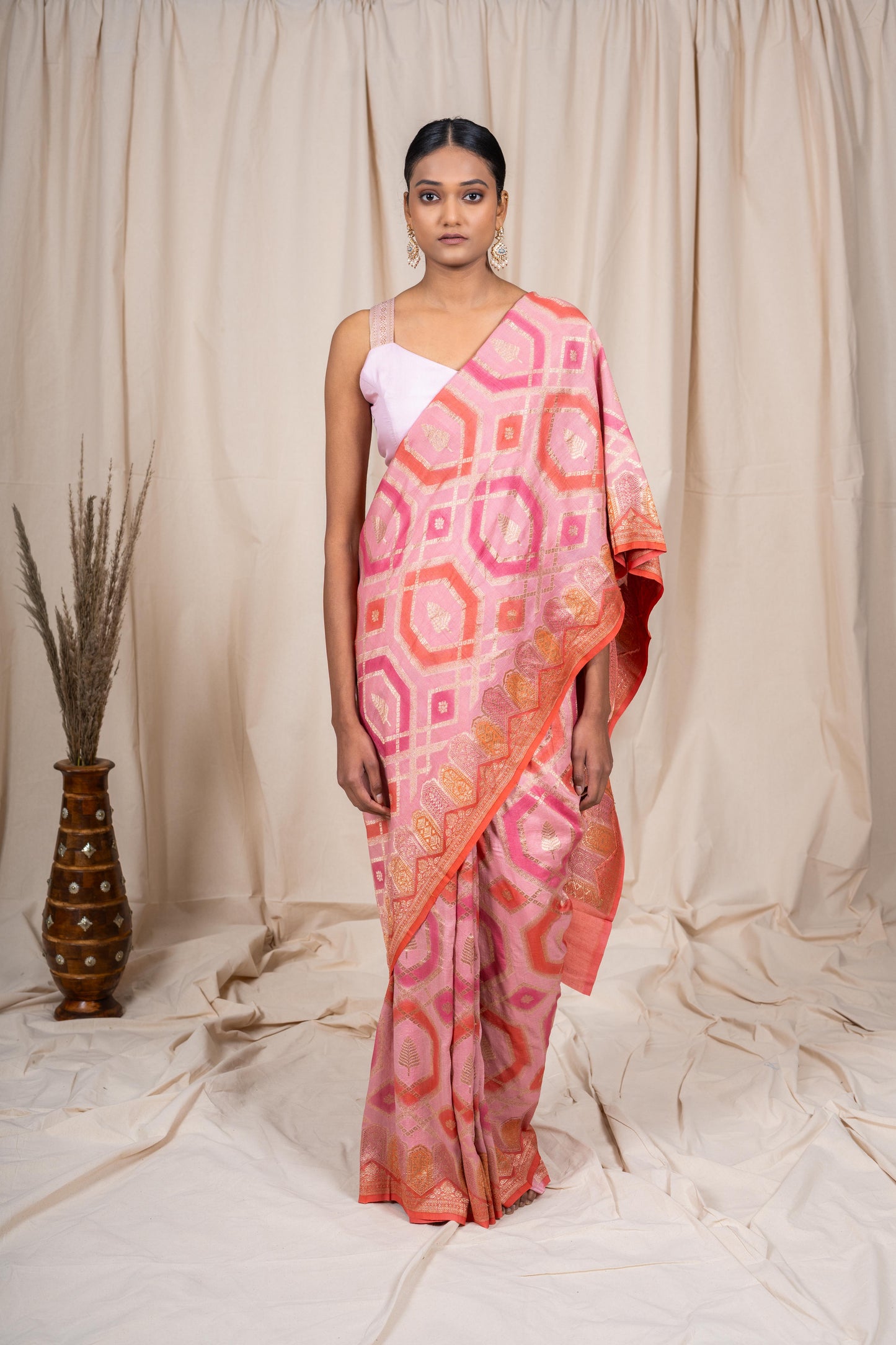 Pink Tussar georgette Banarasee Handwoven Saree