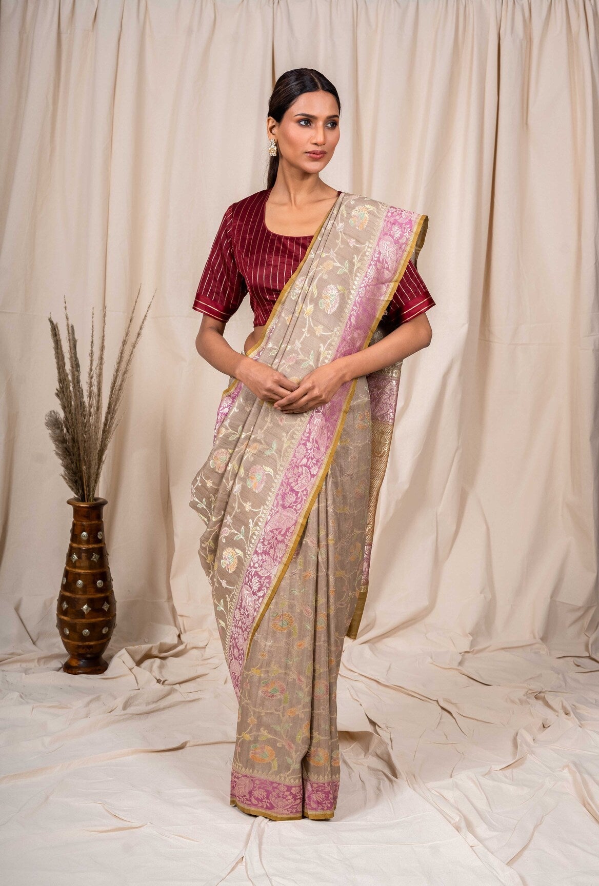 Grey Tussar Georgette Handwoven Banaras Saree