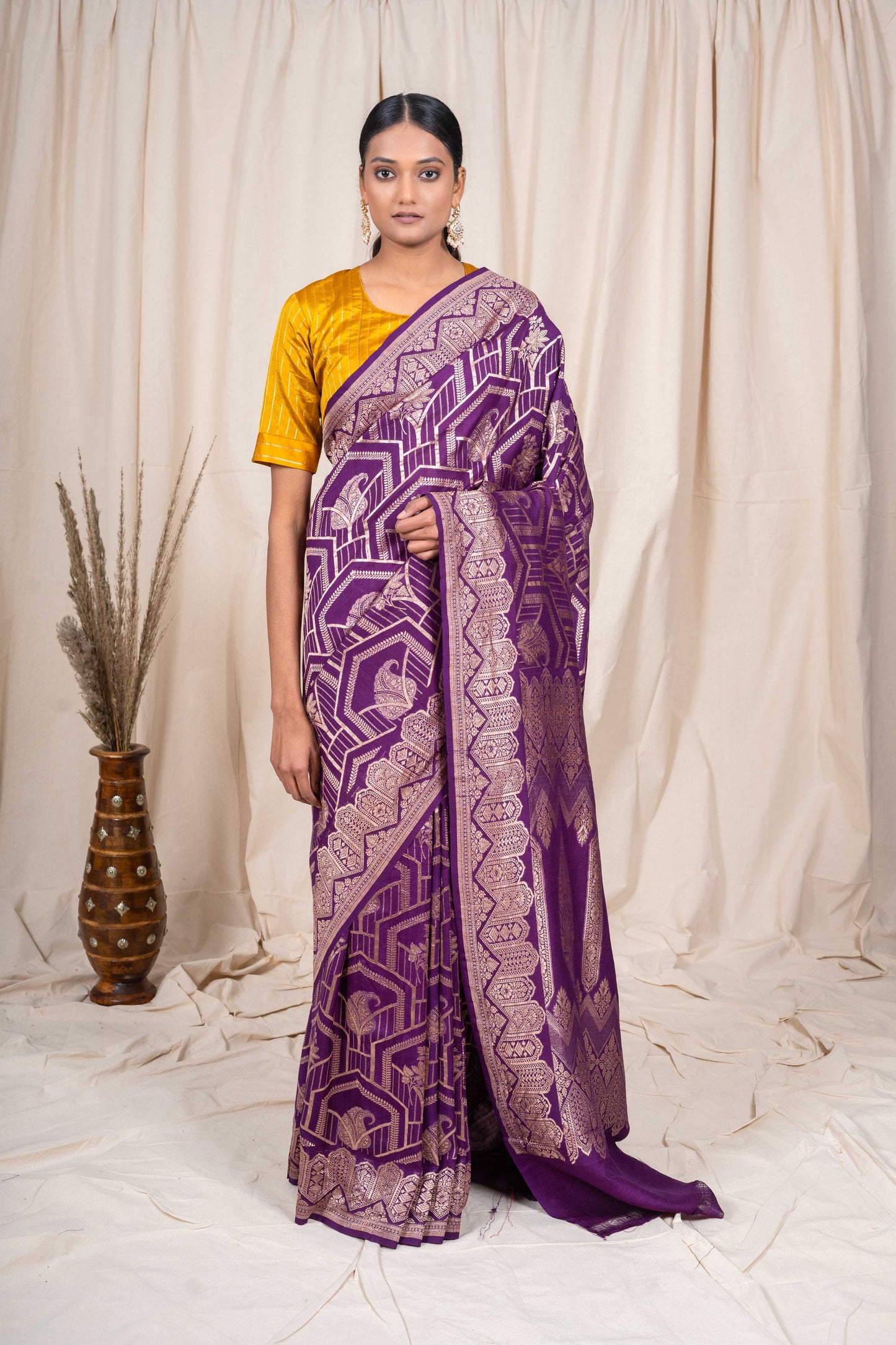 Magenta Tussar Georgette Banarasi Handwoven Saree