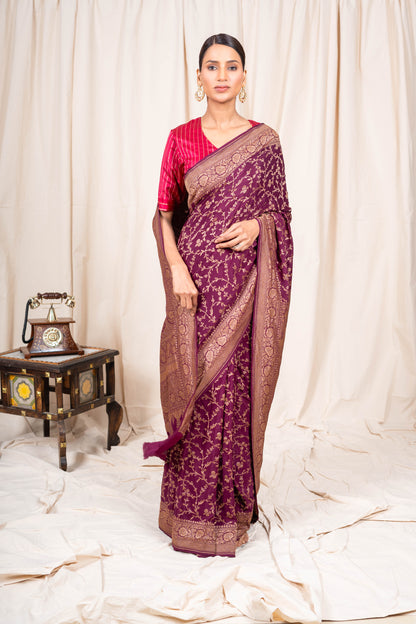 Wine Banarasee Handwoven Saree