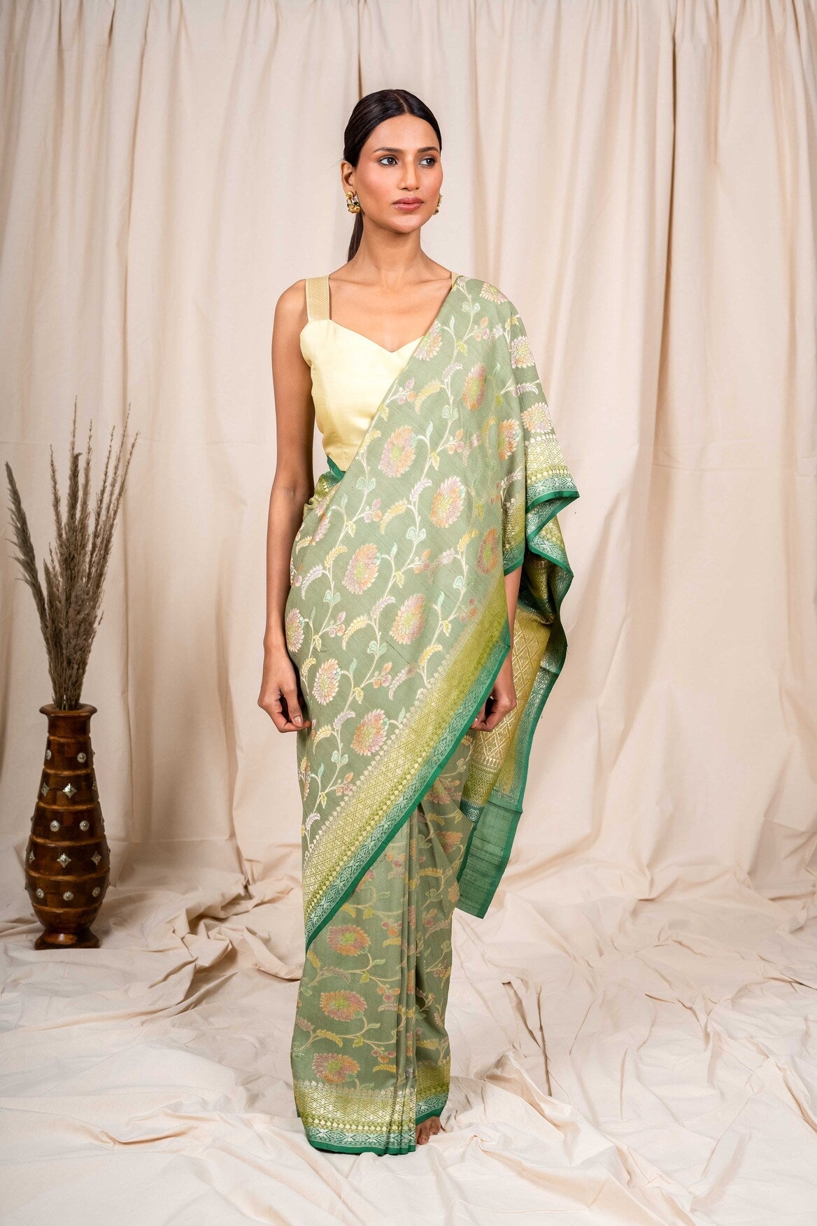Pista Tussar Georgette Handwoven Banaras Saree