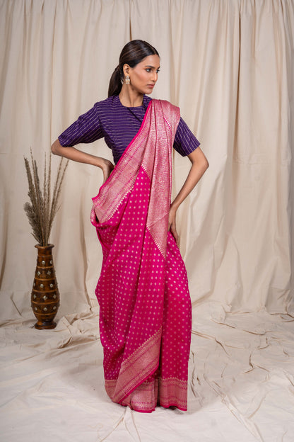 Rani Pink Tussar Georgette Banarasi Handwoven Saree