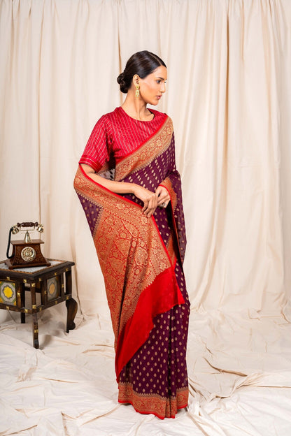 Wine Khaddi Georgette Handwoven Banaras Saree