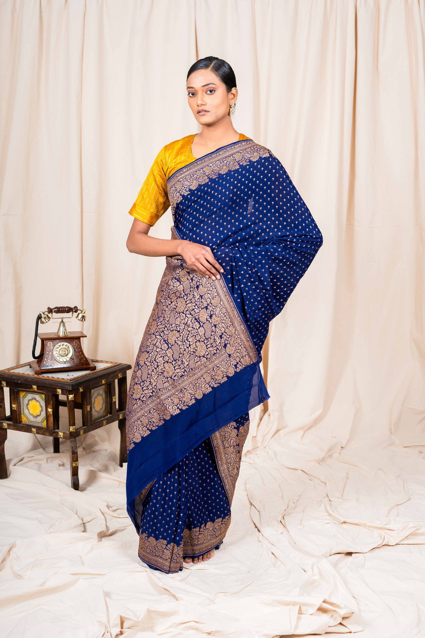 Navy Blue Crepe Silk Handwoven Banarasee Saree
