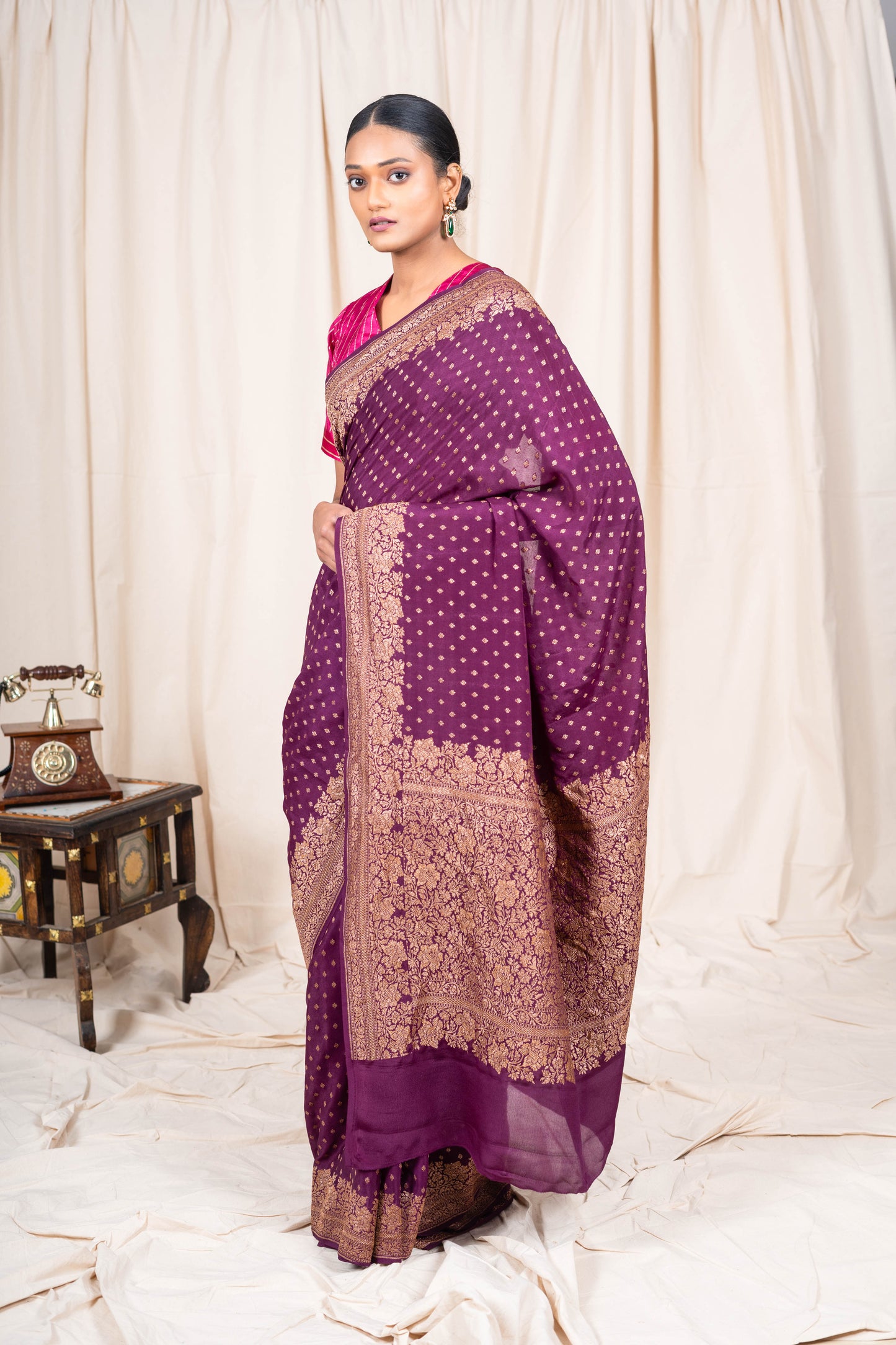 Wine Crepe Silk Banarasi Saree