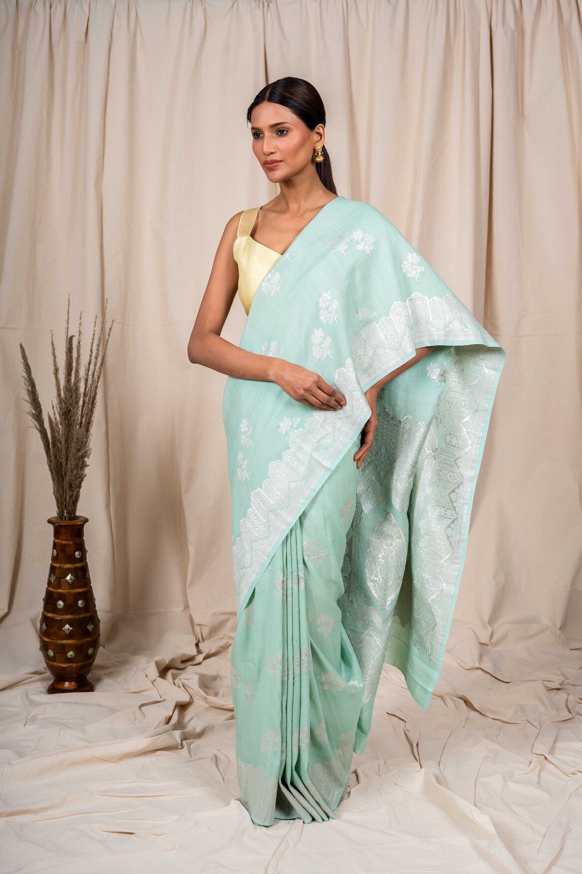Sky Blue Tussar Georgette Handwoven Banaras Saree