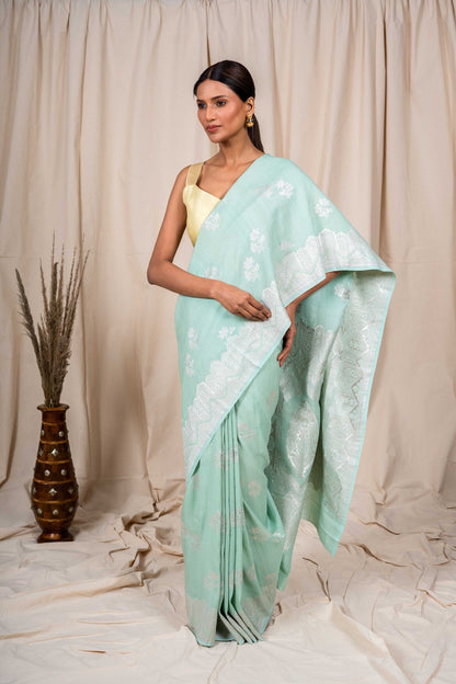 Sky Blue Tussar Georgette Handwoven Banaras Saree