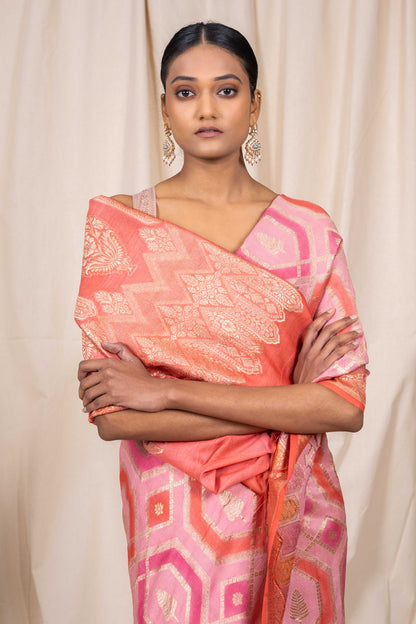 Pink Tussar georgette Banarasee Handwoven Saree