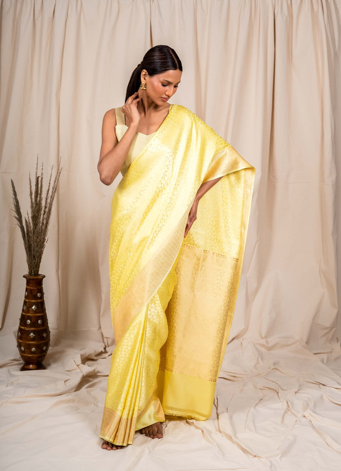 Lemon Yellow Mashru Satin Handwoven Banarasee Saree