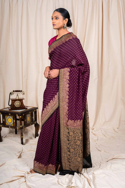Wine Crepe Silk Handwoven Banarasee Saree