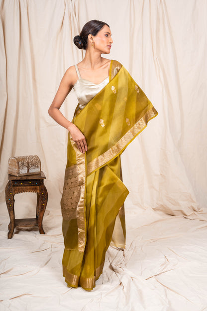 Mehendi Green Organza Handwoven Banaras Saree