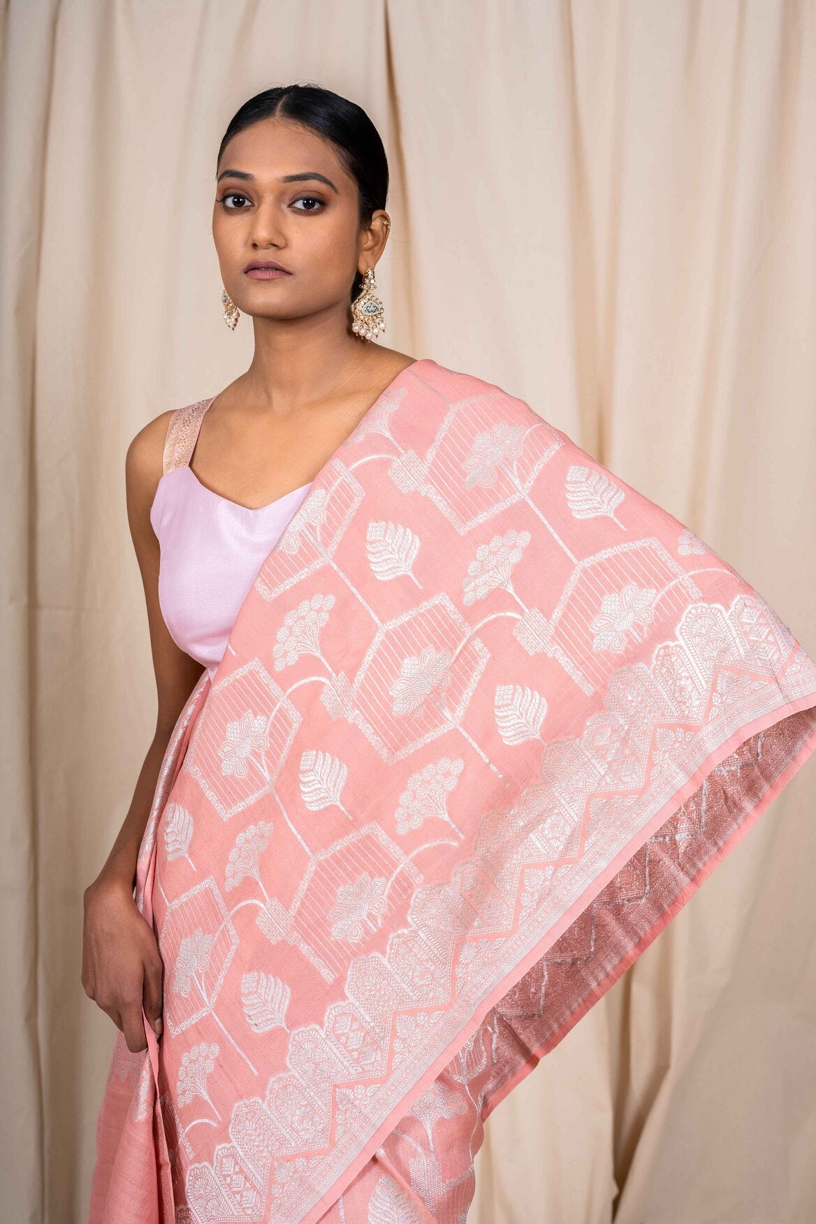 Baby Pink Tussar Georgette Handwoven Banaras Saree