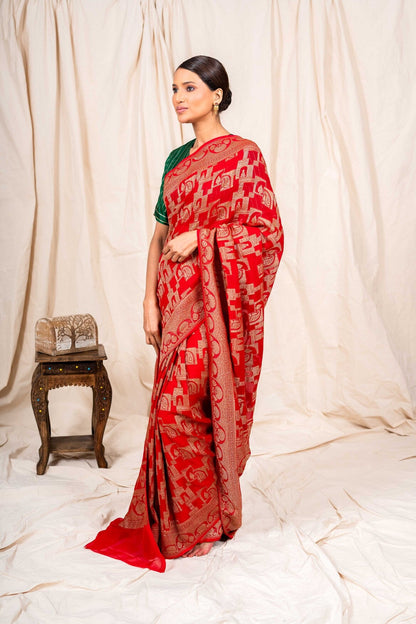 Red Khaddi Georgette Handwoven Banaras Saree