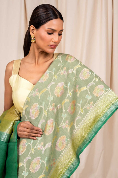 Pista Tussar Georgette Handwoven Banaras Saree