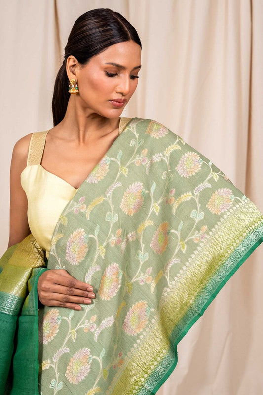 Pista Tussar Georgette Handwoven Banaras Saree