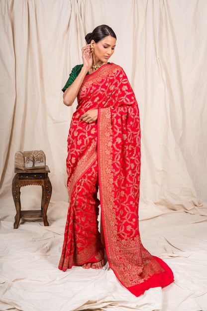 Red Crepe Silk Banarasi Saree