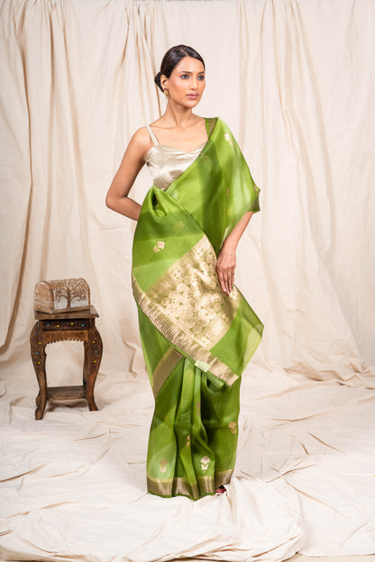 Pista Green Organza Handwoven Banaras Saree