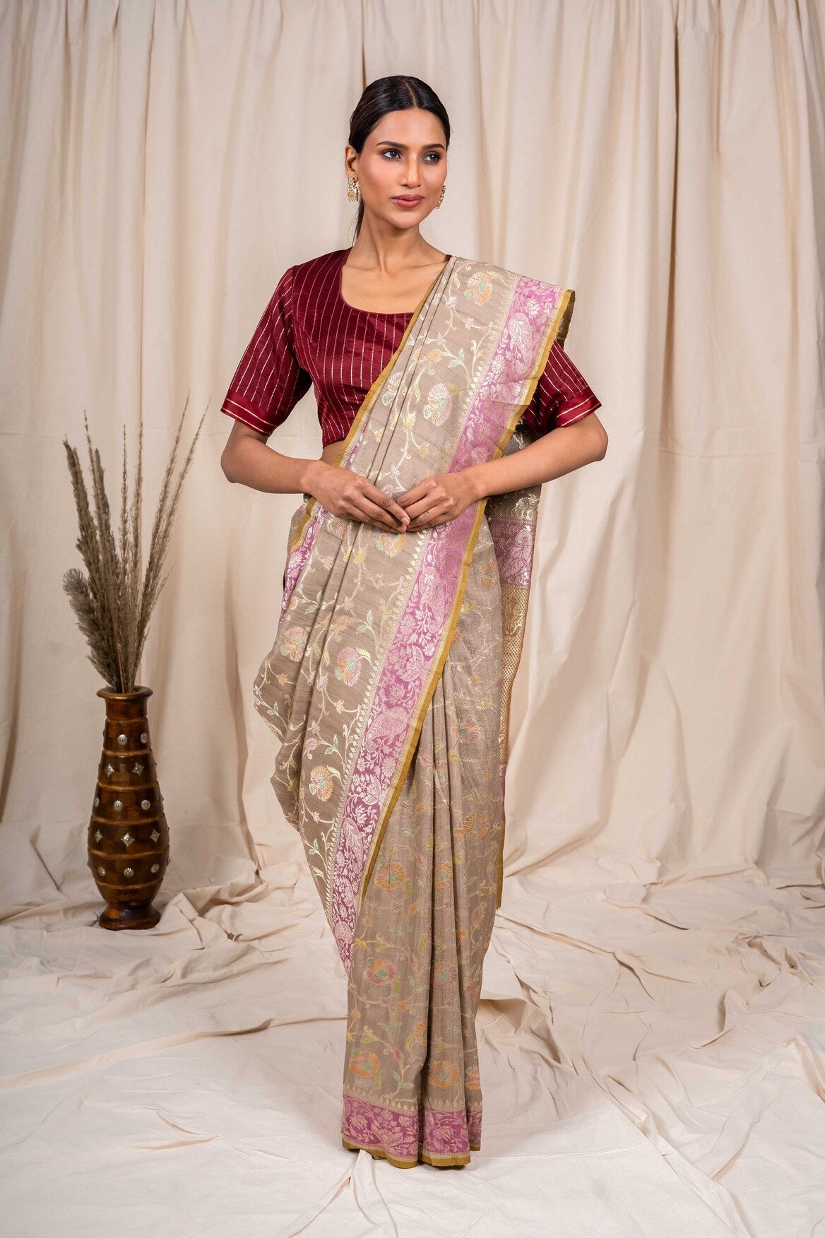 Grey Tussar Georgette Handwoven Banaras Saree