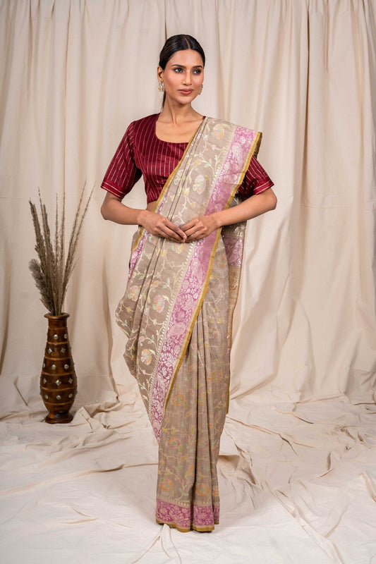 Grey Tussar Georgette Handwoven Banaras Saree