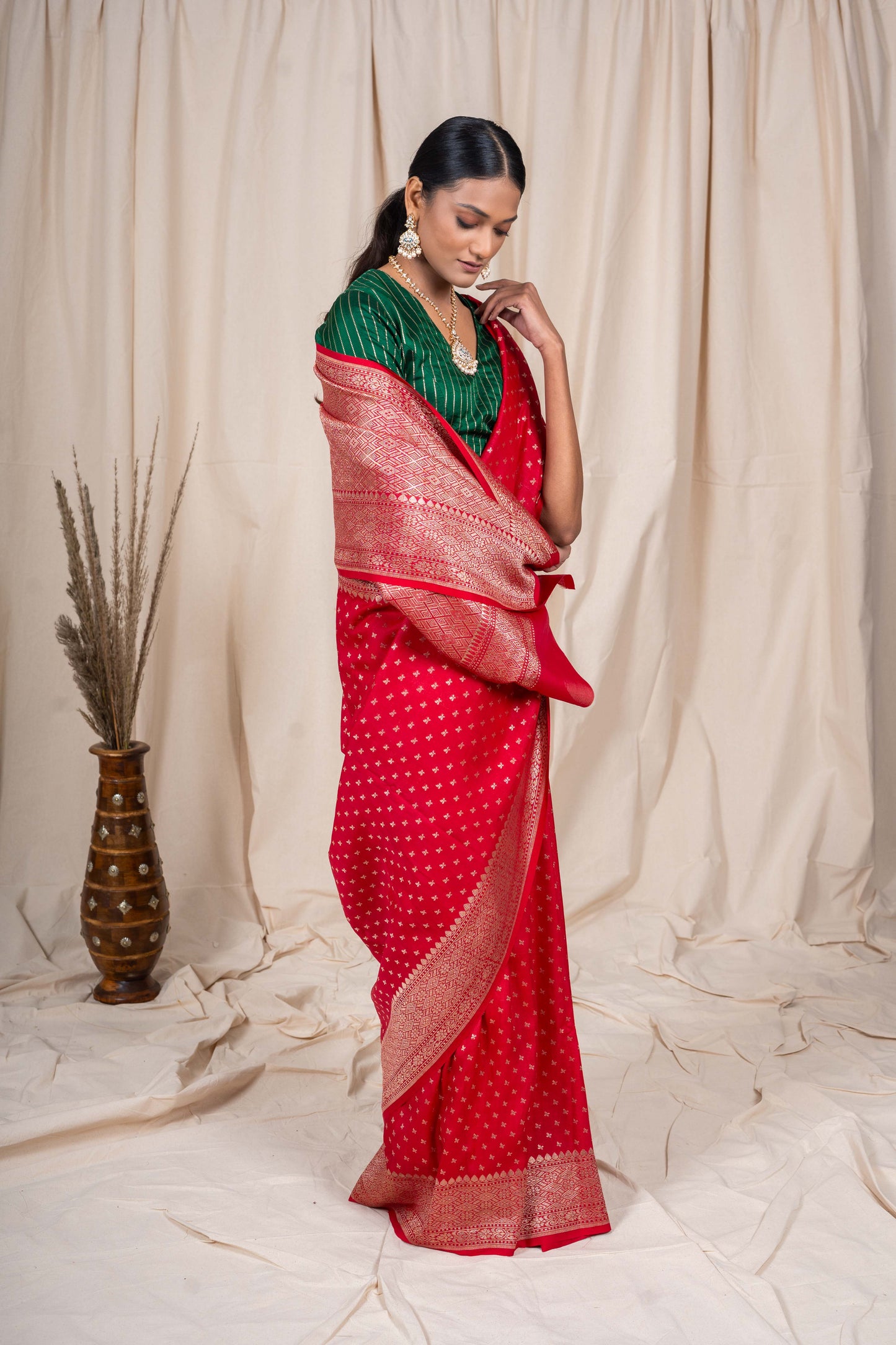 Red Tussar Georgette Banarasi Handwoven Saree