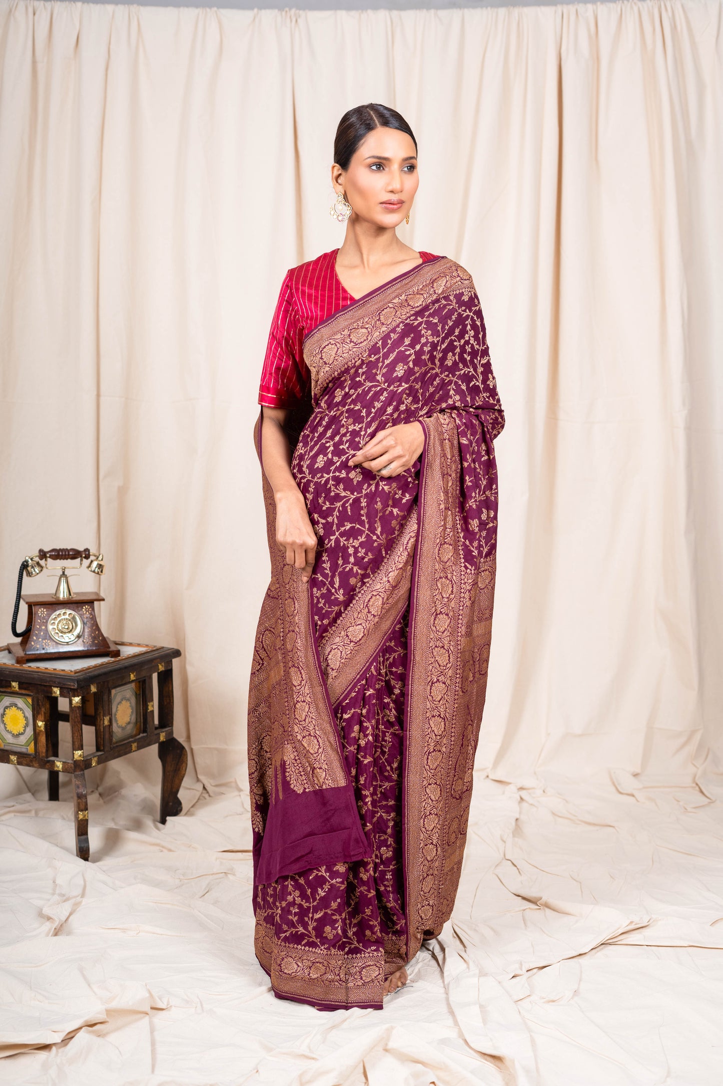 Wine Banarasee Handwoven Saree