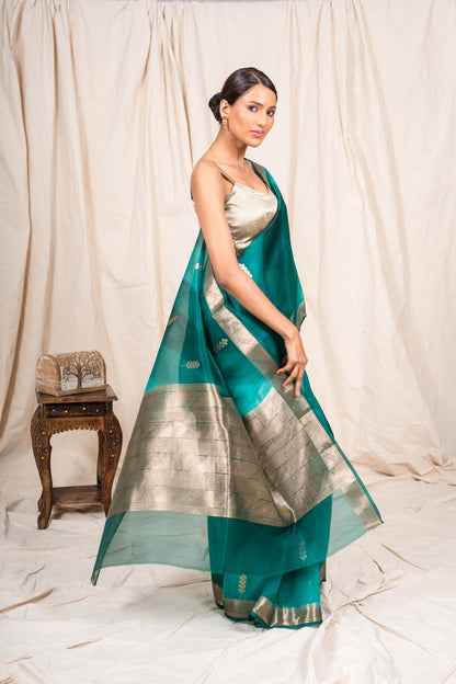 Electric Blue Organza Handwoven Banaras Saree