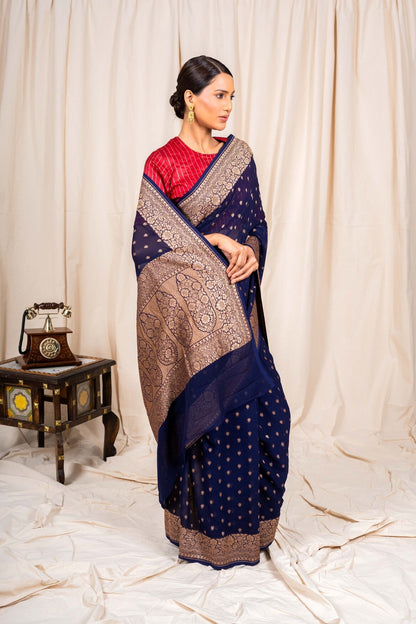 Navy Blue Khaddi Georgette Handwoven Banaras Saree