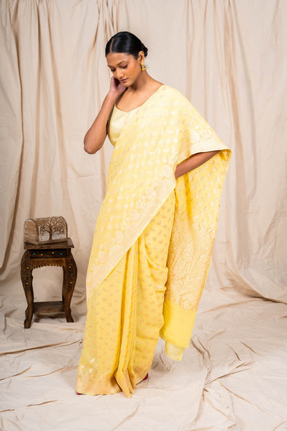 Handwoven pastel Yellow Khaddi Georgette Banarasi Saree