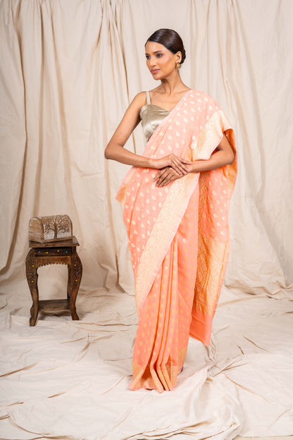 Peach Khaddi Georgette Handwoven Banarasee Saree