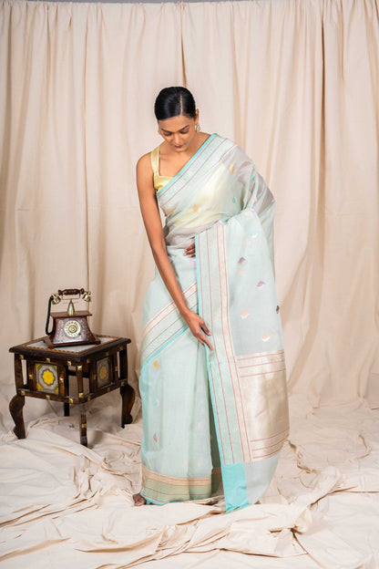 Sky Blue Organza Silk Handwoven Banaras Saree