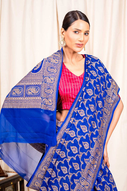 Royal Blue Khaddi Georgette Handwoven Banaras Saree