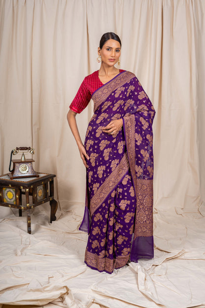 Purple Khaddi Georgette Handwoven Banarasee Saree