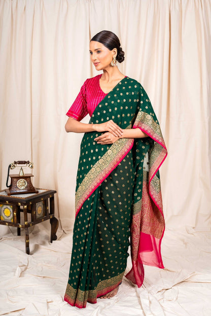 Bottle Green Khaddi Georgette Handwoven Banaras Saree