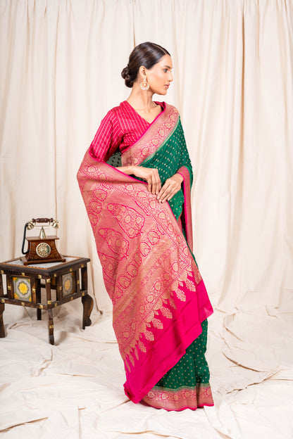 Bottle Green Banarasee Handwoven Saree