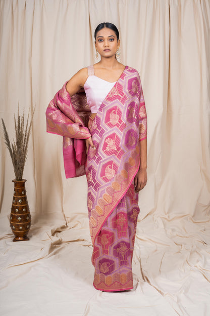 Mauve Tussar georgette Banarasee Handwoven Saree