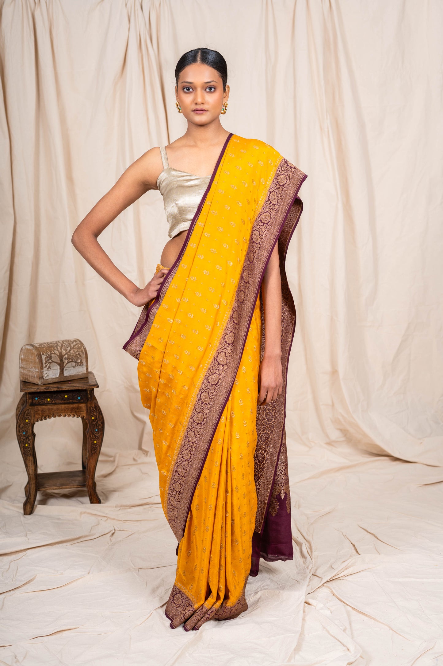 Mustard Gold Crepe Silk Banarasee Saree