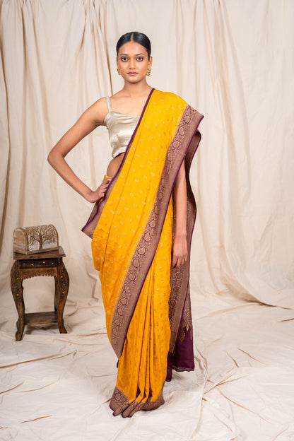 Mustard Gold Crepe Silk Banarasee Saree